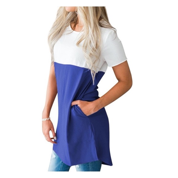 NWOT WHITE BLUE LOOSE FITTED FLOWY SUMMER Color Block TOP - Picture 1 of 7